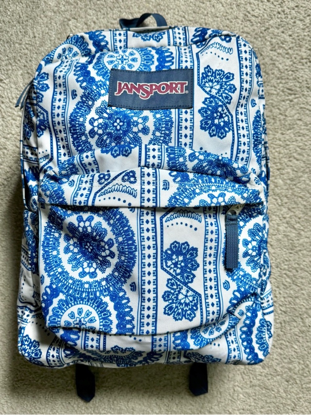 JanSport SuperBreak backpack Swedish lace white blue paisley pattern boho hippie